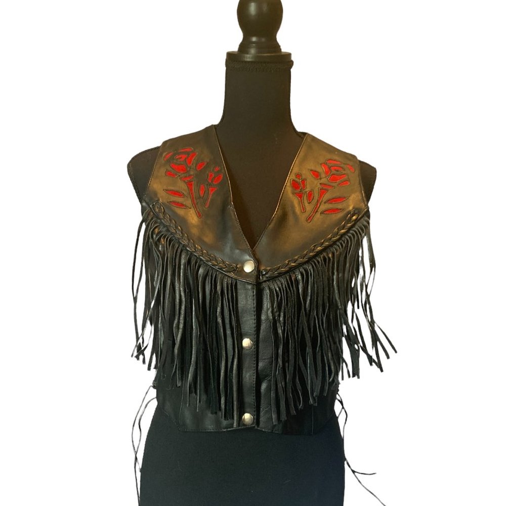 Vintage INTERSTATE Women's Black Leather Biker Vest with Fringe.